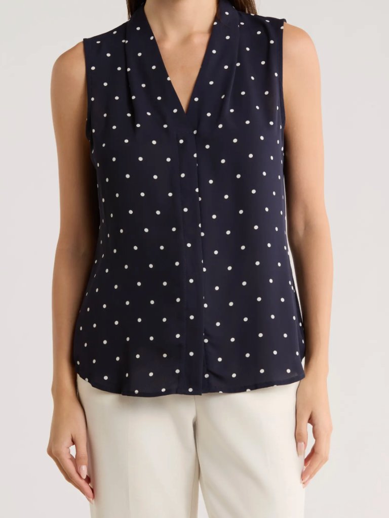 Nordstrom Rack Button Down Polka Dot Navy Sleeveless V-Neck Top Xl